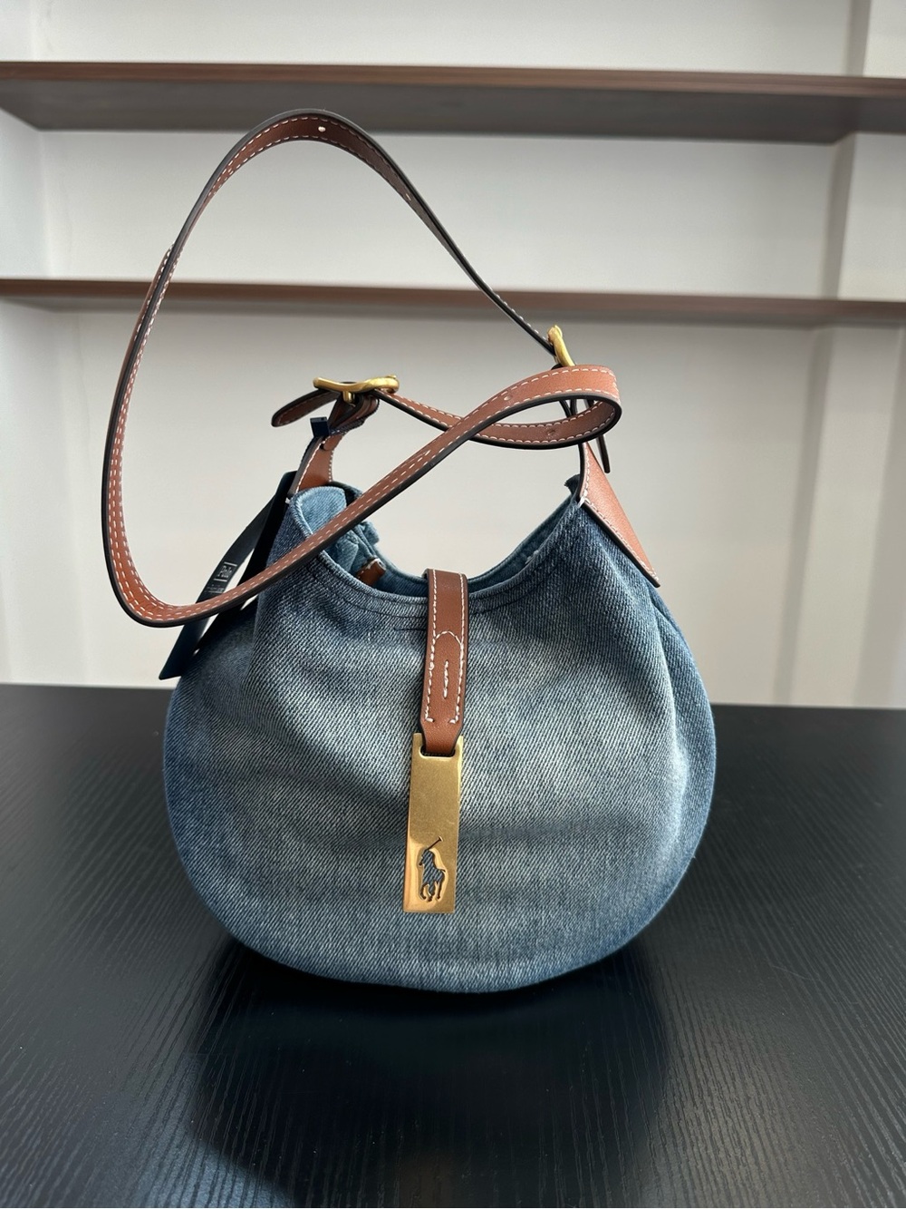 Ralph Lauren Blue Denim Shoulder Bag with Brown Leather Trim